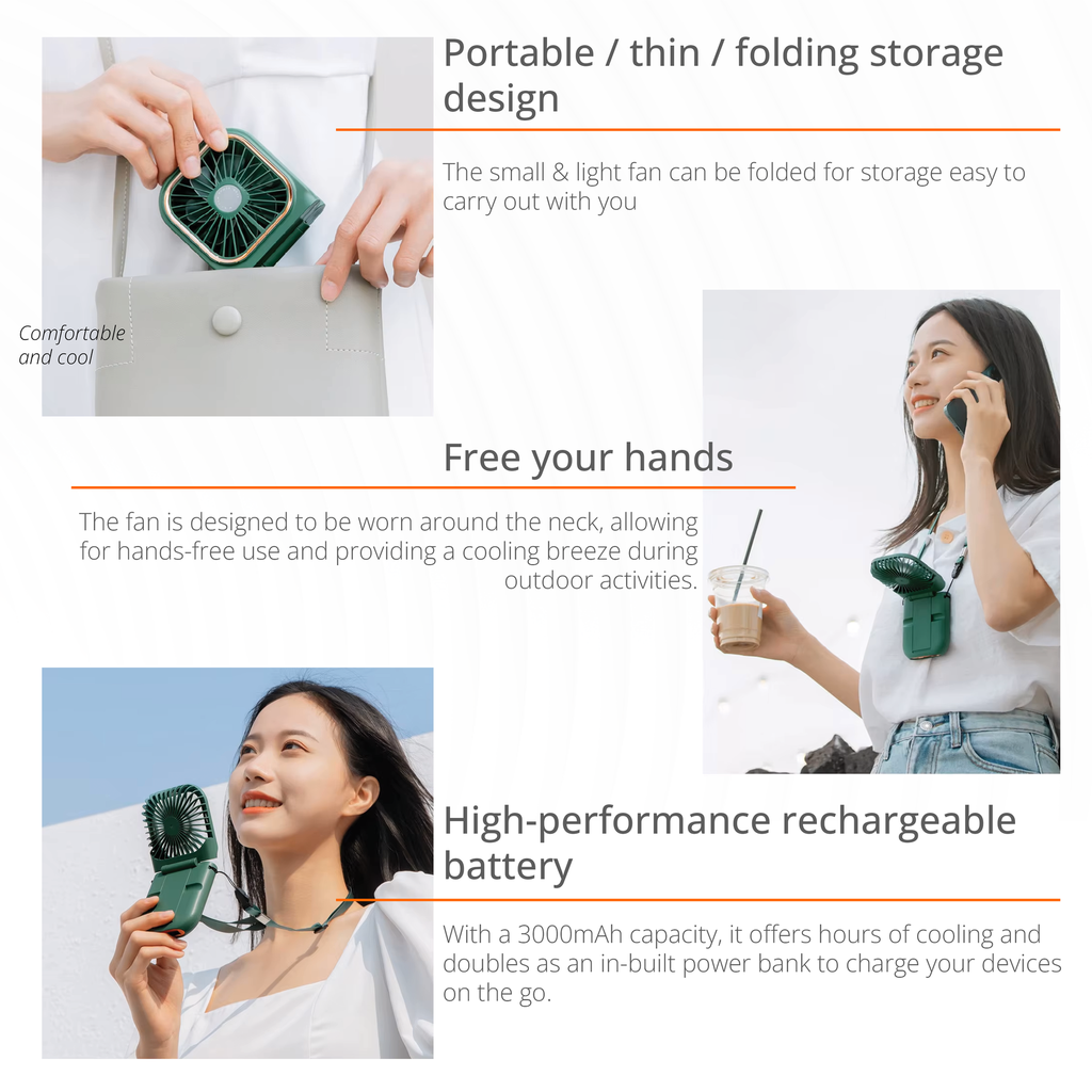 Rechargeable Hands-Free Mini Fan with 3000mAh Power Bank for Phones. MF2194