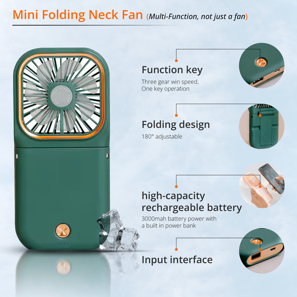 Rechargeable Hands-Free Mini Fan with 3000mAh Power Bank for Phones. MF2194