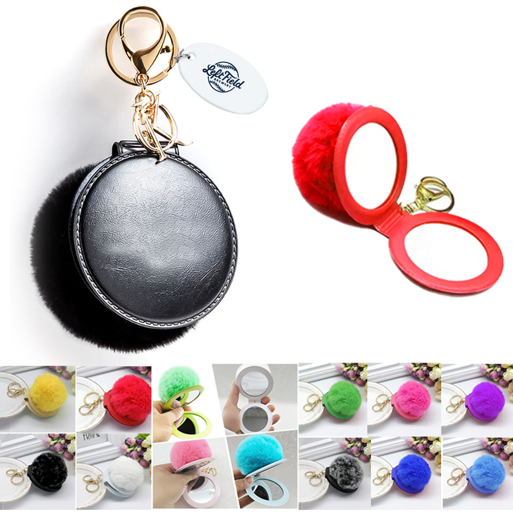 Pom Pom Mirror Keychain With Printed Tag. KC8111