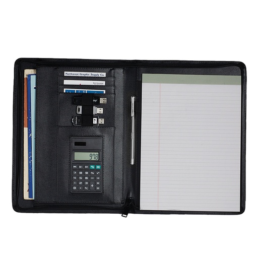 [PWB57762] Executive Leatherette Padfolio w/ Calculator and Zipper Closure