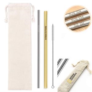 [BS6000] Set Of Stainless Steel Straw, Bamboo Straw, Cleaning Brush In Gorgeous Jute Gift Pouch
