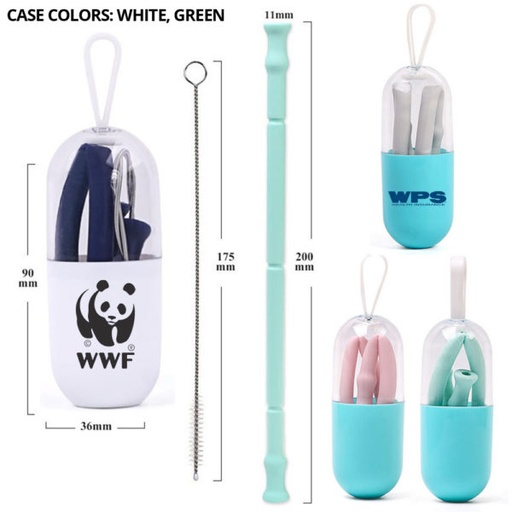 [SS4520] Collapsible Silicone Straw Set W/ Brush. Comes In Trendy Capsule Case
