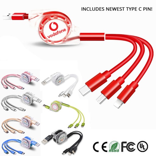 [AC3100] Shiny 3-In-1 Mobile Charger Retractable USB Charging Cable - Type - C