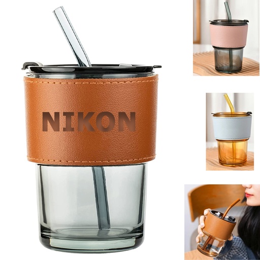 [WB8778] Nordic Leatherette Cover Borosilicate Glass - 15.2 oz w/ Lid and Straw