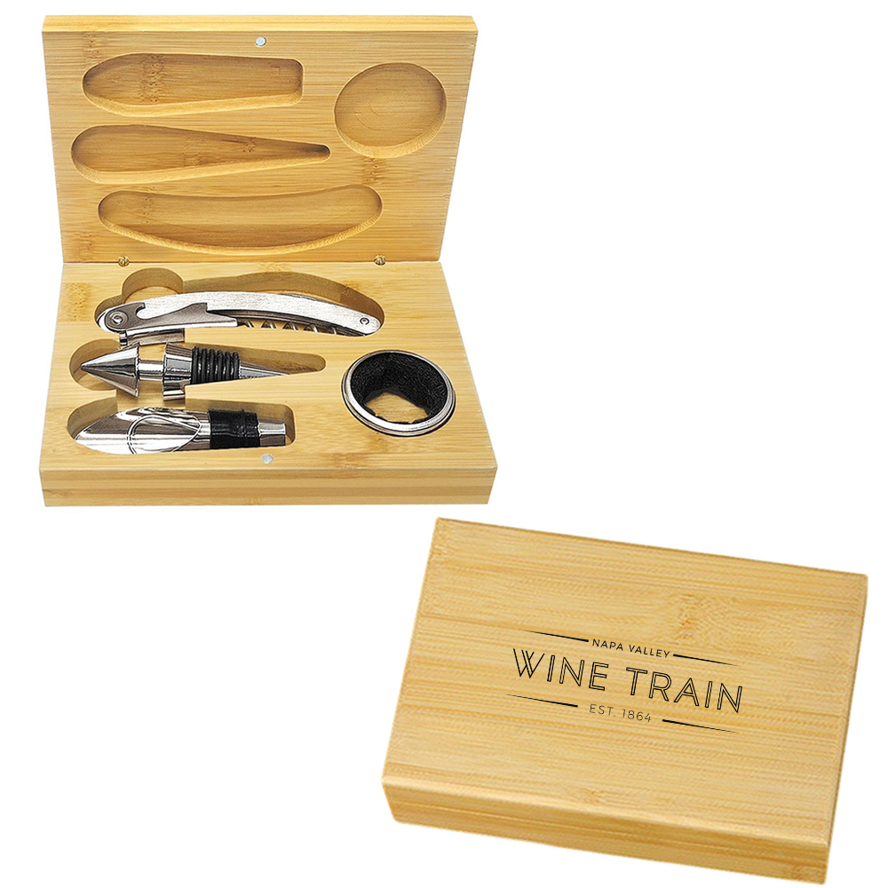 [SS3919] 3-Piece Stainless Steel Wine Set in Bamboo Box. SS3919