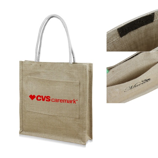 [JB7455] Natural Velcro Closure Jute Tote Bag W/ Front Pocket
